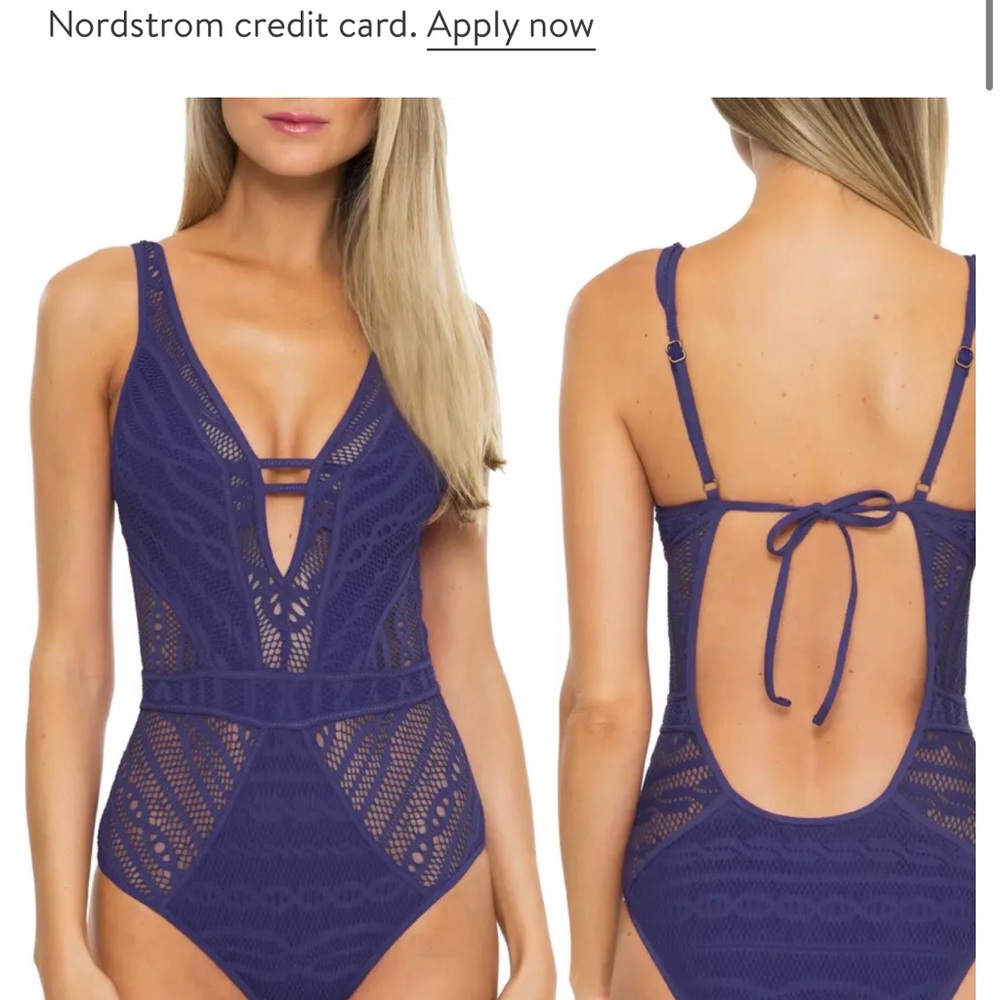 BECCA Deep V Crochet One-Piece Swimsuit in Purple